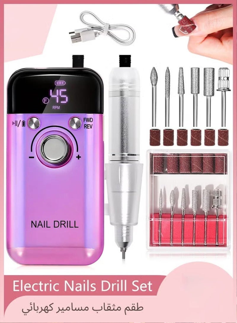 مجموعة آلة طحن الأظافر الكهربائية، آلة طحن أظافر محمولة قابلة للشحن بسرعة 45000 دورة في الدقيقة مع رؤوس طحن الأظافر، أدوات أظافر عالية السرعة لصالونات الأظافر (بنفسجي) - Image 1